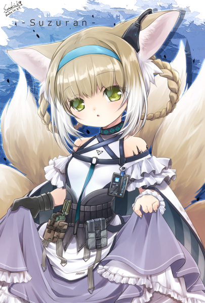 Anime picture 1378x2039 with arknights suzuran (arknights) sono kichi single tall image short hair blonde hair green eyes signed animal ears tail braid (braids) animal tail :o character names fox ears dated fox tail fox girl multiple tails
