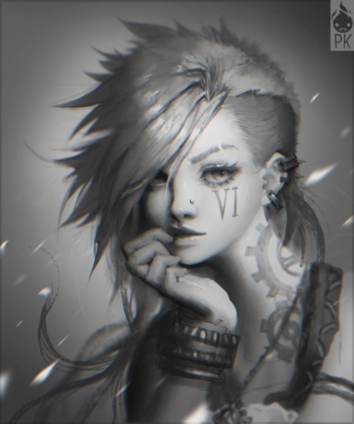 Anime picture 1024x1222 with league of legends vi (league of legends) paul (shiramune) single long hair tall image looking away grey hair realistic grey background grey eyes tattoo piercing finger to mouth monochrome face paint undercut girl earrings bracelet