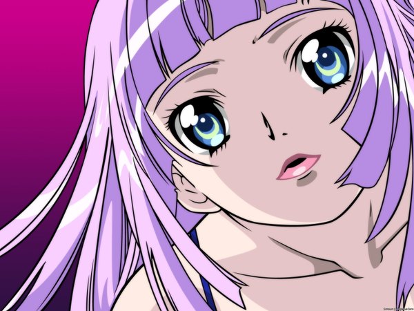 Anime picture 1600x1200 with simoun amuria single long hair looking at viewer open mouth blue eyes purple hair parted lips gradient background close-up girl