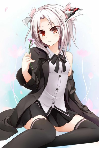 Anime picture 683x1024 with original ouka september red-eyes macadamiachoco single tall image looking at viewer blush short hair red eyes bare shoulders white hair horn (horns) heterochromia girl thighhighs skirt flower (flowers) black thighhighs petals