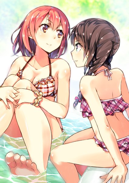 Anime picture 567x800 with original umeboshitora long hair tall image blush breasts light erotic brown hair sitting bare shoulders multiple girls looking away bent knee (knees) outdoors braid (braids) light smile arm support bare legs bare belly twin braids