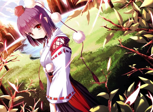 Anime picture 1024x755 with touhou shameimaru aya windfeathers single short hair red eyes purple hair traditional clothes kourindou tengu costume girl plant (plants) hat petals