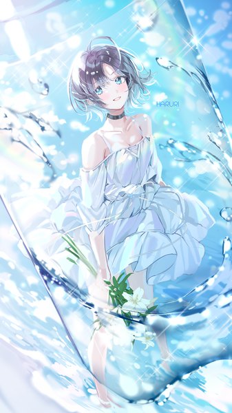Anime picture 1000x1778 with idolmaster idolmaster shiny colors asakura tooru haruri single tall image blush short hair blue eyes black hair standing bare shoulders signed ahoge from above wind sparkle girl dress flower (flowers)