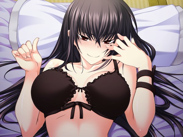 Anime picture 1200x900 with maji de watashi ni koi shinasai! kawakami momoyo long hair light erotic black hair smile red eyes game cg girl