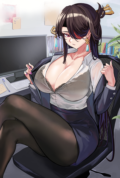 Anime picture 3679x5469 with genshin impact beidou (genshin impact) loooyd single long hair tall image looking at viewer fringe highres breasts light erotic black hair red eyes large breasts sitting absurdres cleavage bent knee (knees) indoors long sleeves