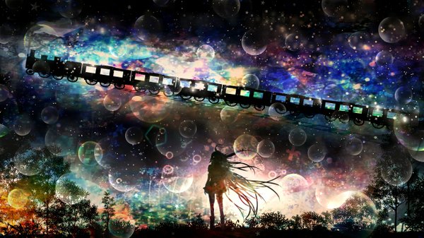 Anime picture 1280x720 with vocaloid ia (vocaloid) harada miyuki single wide image standing very long hair wind weightlessness girl skirt plant (plants) tree (trees) boots bubble (bubbles) train