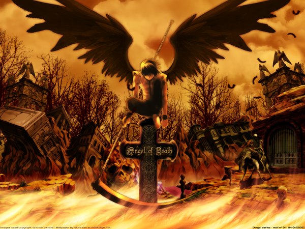 Anime picture 1280x960 with inscription angel demon skeleton destruction wings feather (feathers) skull scythe