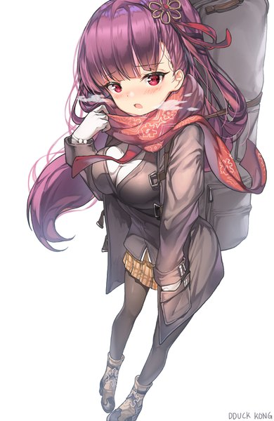 Anime picture 1301x2000 with girls frontline wa2000 (girls frontline) lee seok ho single long hair tall image looking at viewer blush fringe breasts open mouth red eyes standing signed purple hair blunt bangs open clothes alternate costume one side up floating hair
