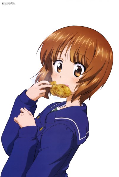 Anime picture 6069x9052 with girls und panzer megami magazine nishizumi miho sugimoto isao single tall image blush highres short hair simple background brown hair white background brown eyes looking away absurdres upper body official art eating girl uniform