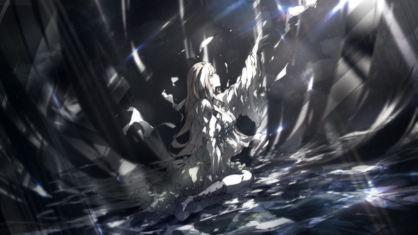 Anime picture 2560x1440 with vocaloid aria on the planetes (vocaloid) ia (vocaloid) c.c.r single long hair highres blue eyes wide image sitting white hair long sleeves profile arm up aqua eyes sunlight blurry wide sleeves wallpaper torn clothes