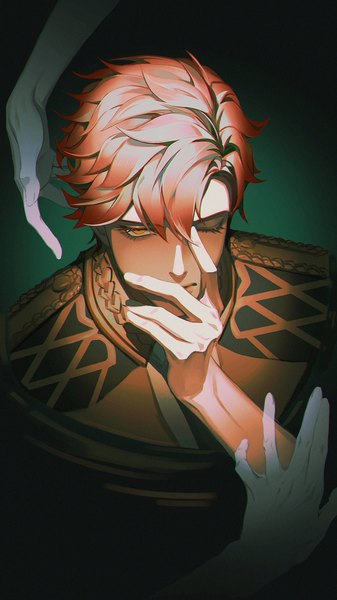 Anime picture 1240x2205 with fire emblem fire emblem: three houses nintendo sylvain jose gautier yuu vincent tall image looking at viewer fringe short hair simple background hair between eyes upper body red hair one eye closed wink orange eyes solo focus hand on face boy hands