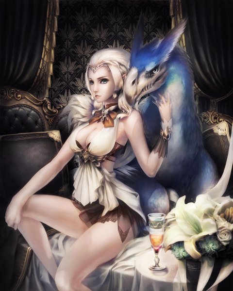 Anime picture 3686x4608 with original zozoda single long hair tall image looking at viewer highres breasts blue eyes light erotic large breasts sitting bare shoulders absurdres cleavage silver hair pointy ears bare legs lipstick shiny skin