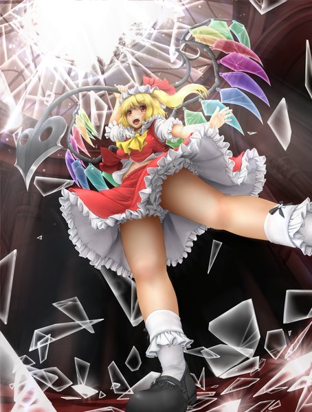 Anime picture 1139x1504 with touhou flandre scarlet miyako ji tall image blush open mouth blonde hair red eyes one side up girl skirt weapon wings skirt set laevatein (touhou)