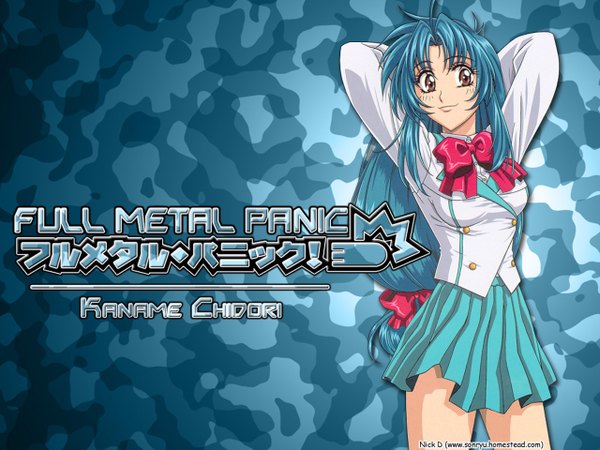Anime picture 1280x960 with full metal panic! gonzo chidori kaname single long hair smile brown eyes blue hair pleated skirt wallpaper copyright name character names low ponytail arms behind head girl skirt uniform bow hair bow school uniform