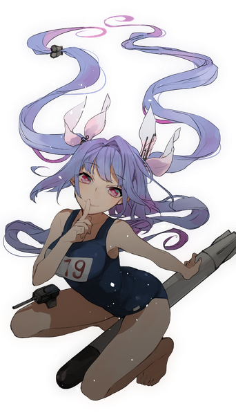 Anime picture 800x1400 with kantai collection i-19 submarine hita (hitapita) single long hair tall image looking at viewer blush fringe smile twintails purple hair full body pink eyes finger to mouth symbol-shaped pupils transparent background arched back girl ribbon (ribbons)