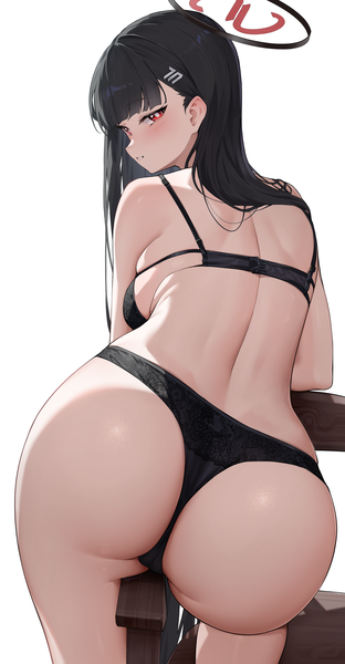 Anime picture 1800x3460 with blue archive rio (blue archive) rosumerii single long hair tall image looking at viewer blush fringe highres light erotic black hair simple background red eyes white background ass blunt bangs parted lips looking back from behind