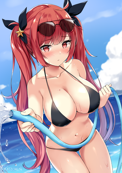 Anime picture 868x1228 with azur lane honolulu (azur lane) honolulu (summer accident?!) (azur lane) kaetzchen single long hair tall image looking at viewer blush fringe breasts light erotic hair between eyes red eyes large breasts standing twintails bare shoulders holding signed