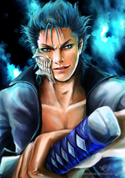 Anime picture 1231x1748 with bleach studio pierrot grimmjow jeagerjaques shenolive single tall image short hair smile signed japanese clothes aqua eyes light smile lips realistic aqua hair espada boy weapon sword kimono