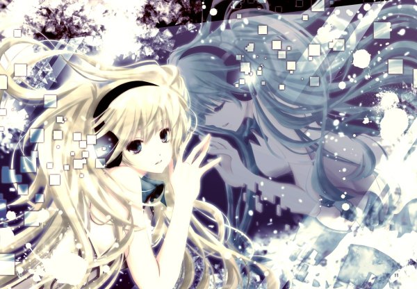 Anime picture 1200x832 with vocaloid hatsune miku aonoe long hair blonde hair twintails eyes closed aqua eyes aqua hair dual persona girl headphones