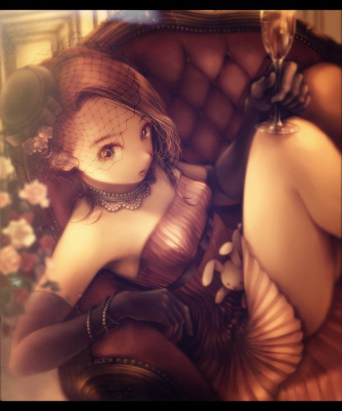 Anime picture 1000x1200 with idolmaster minase iori hohoemidebu (artist) long hair tall image looking at viewer brown hair black eyes girl dress gloves flower (flowers) hat elbow gloves toy stuffed animal couch wine glass stuffed rabbit