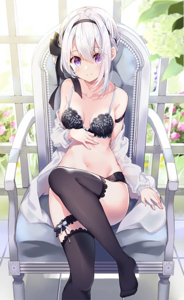 Anime picture 1810x2952 with original kisaragi yuri single tall image looking at viewer blush fringe highres short hair breasts light erotic smile hair between eyes sitting purple eyes bare shoulders payot cleavage indoors off shoulder