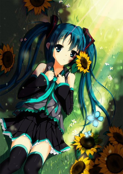 Anime picture 779x1100 with vocaloid hatsune miku 9ikia (artist) single long hair tall image looking at viewer blue eyes twintails bare shoulders blue hair lying pleated skirt sunlight girl thighhighs skirt flower (flowers) ribbon (ribbons) plant (plants)