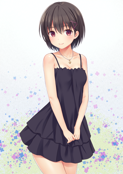 Anime picture 2894x4093 with original n.g. single tall image looking at viewer blush fringe highres short hair breasts black hair smile hair between eyes red eyes white background bare shoulders cleavage light smile girl dress