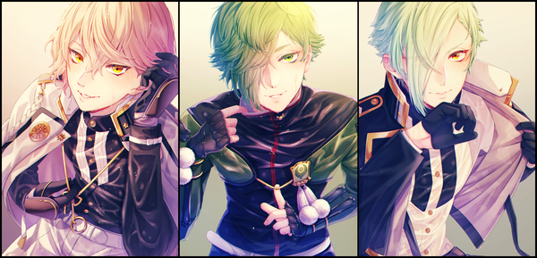 Anime picture 2999x1445 with touken ranbu nitroplus higekiri (touken ranbu) hizamaru (touken ranbu) uguisumaru yozakura looking at viewer fringe highres short hair blonde hair smile wide image green eyes yellow eyes green hair from above hair over one eye multiple boys wet