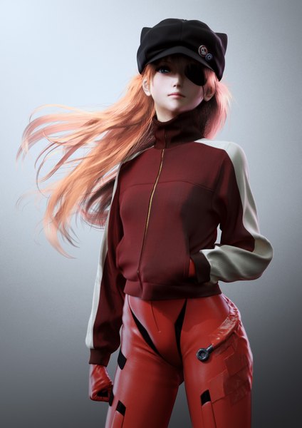 Anime picture 2480x3508 with neon genesis evangelion gainax soryu asuka langley ikedan single long hair tall image looking at viewer highres blue eyes orange hair realistic hand in pocket 3d girl jacket eyepatch cap pilot suit track jacket