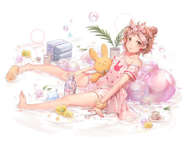 Anime-Bild 1000x782 mit original ozzingo single short hair brown hair white background sitting bare shoulders green eyes full body nail polish barefoot hair bun (hair buns) partially submerged animal print bunny print girl flower (flowers) plant (plants) water