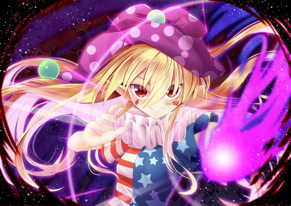 Anime picture 1200x848 with touhou clownpiece z.o.b single long hair looking at viewer fringe blonde hair smile hair between eyes red eyes upper body face paint star print girl hat star (symbol)