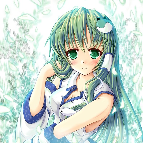 Anime picture 1050x1050 with touhou kochiya sanae hiiragi tomoka single long hair looking at viewer blush green eyes green hair girl hair ornament detached sleeves petals hair tubes