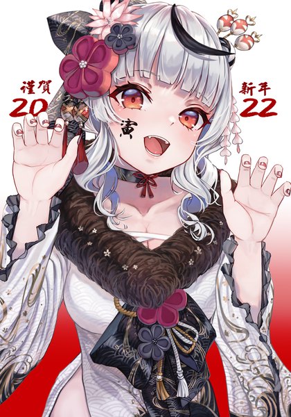 Anime picture 3500x5000 with virtual youtuber hololive sakamata chloe sakamata chloe (new year) foongsheng single tall image looking at viewer highres short hair breasts open mouth smile red eyes large breasts absurdres nail polish traditional clothes japanese clothes grey hair