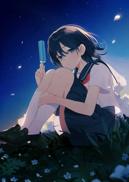 Anime picture 848x1200 with original achiki single tall image looking at viewer blush fringe short hair blue eyes black hair hair between eyes sitting holding full body outdoors parted lips pleated skirt wind night short sleeves