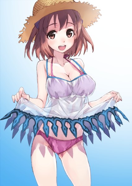 Anime picture 850x1200 with hataraku maou-sama! white fox sasaki chiho matsuryuu single tall image blush short hair breasts open mouth light erotic simple background brown hair large breasts brown eyes cleavage girl underwear panties swimsuit