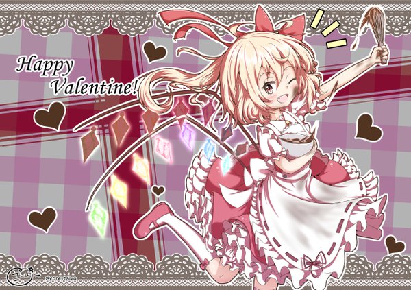 Anime picture 4872x3440 with touhou flandre scarlet coreytaiyo single looking at viewer highres open mouth blonde hair red eyes absurdres one eye closed one side up slit pupils valentine outline girl dress wings socks food