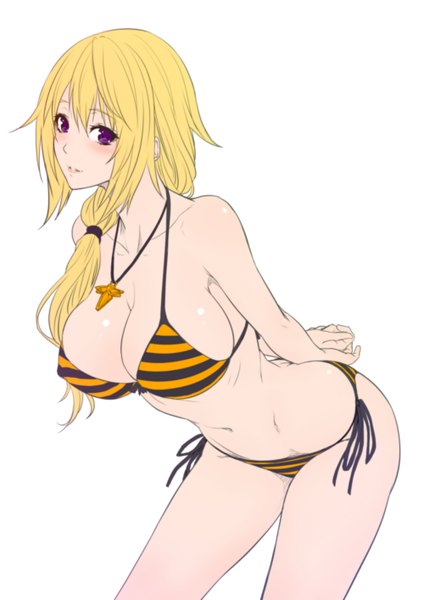 Anime picture 1000x1414 with infinite stratos 8bit charles dunois zucchini single tall image looking at viewer blush fringe breasts light erotic blonde hair large breasts standing white background purple eyes bare shoulders parted lips bare legs bare belly