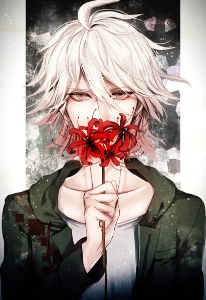 Anime picture 685x1000 with dangan ronpa super dangan ronpa 2 komaeda nagito z-epto (chat-noir86) single tall image looking at viewer fringe short hair hair between eyes holding silver hair upper body ahoge open jacket portrait covered mouth silver eyes boy flower (flowers)