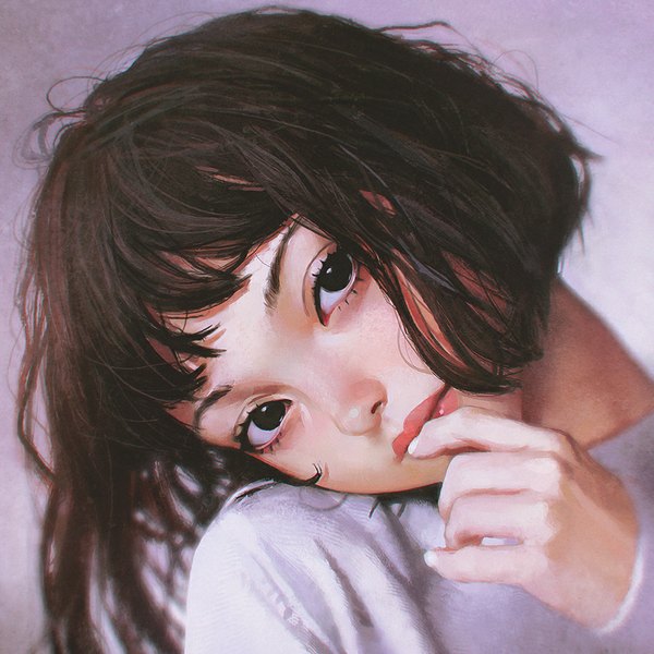 Anime picture 900x900 with original ilya kuvshinov single looking at viewer fringe short hair black hair simple background head tilt fingernails lips black eyes realistic grey background finger to mouth close-up girl