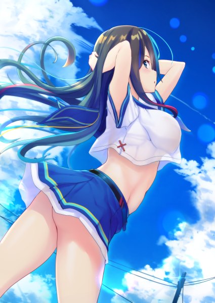 Anime picture 1700x2400 with original liya single long hair tall image looking at viewer blush fringe breasts open mouth blue eyes light erotic black hair hair between eyes large breasts standing sky cloud (clouds) ahoge ass