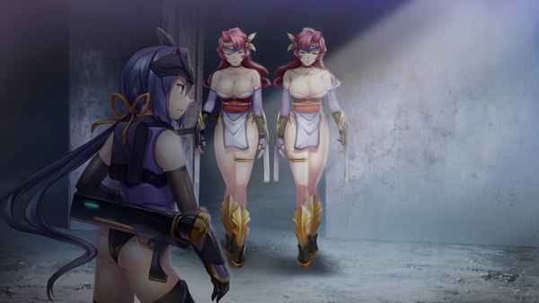 イラスト 1280x720 と izuna zanshinken (game) 長髪 おっぱい 青い目 light erotic 笑顔 wide image 大きな乳房 multiple girls 青い髪 game cg 赤髪 女の子 武器 3人女子