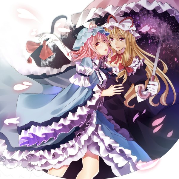 Anime picture 1000x1000 with touhou yakumo yukari saigyouji yuyuko koyuri shouyu long hair looking at viewer short hair open mouth blonde hair smile purple eyes multiple girls pink hair shoujo ai shared umbrella gap girl dress gloves ribbon (ribbons)