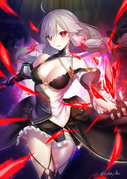 Anime picture 2508x3541 with original celeryma single long hair tall image looking at viewer blush fringe highres breasts light erotic hair between eyes red eyes standing bare shoulders signed cleavage silver hair ahoge braid (braids)