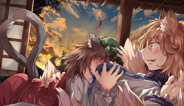 Anime picture 7500x4328 with touhou yakumo ran chen mahimaru blush highres short hair breasts open mouth light erotic brown hair wide image multiple girls brown eyes animal ears absurdres sky cloud (clouds) tail eyes closed