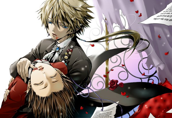 Anime picture 1580x1092 with nico nico singer valshe hakuseki long hair blue eyes blonde hair brown hair tail eyes closed couple girl boy petals rose (roses) blood neckerchief paper