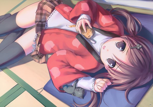 Anime picture 6024x4232 with takoyaki (roast) highres brown hair scan cute thighhighs skirt cat