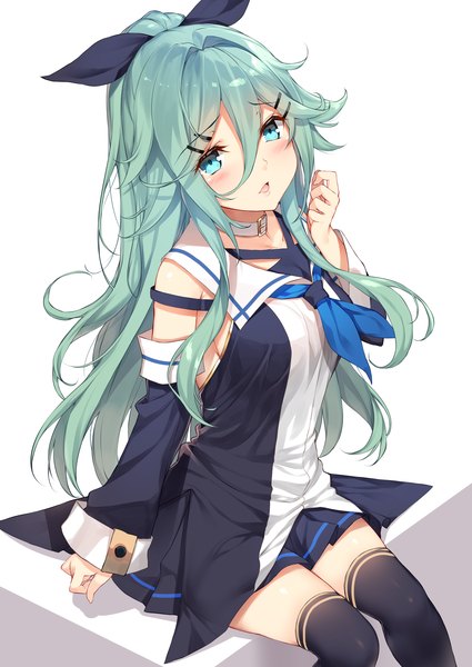 Anime picture 2507x3541 with kantai collection yamakaze (kantai collection) yappen single long hair tall image blush fringe highres breasts open mouth simple background hair between eyes sitting ponytail aqua eyes from above aqua hair grey background wide sleeves