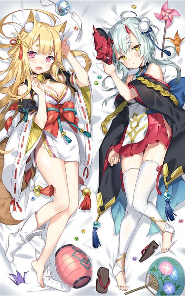 Anime picture 594x949 with original rie (reverie) long hair tall image looking at viewer blush fringe open mouth light erotic blonde hair multiple girls animal ears yellow eyes cleavage silver hair tail lying blunt bangs :d animal tail
