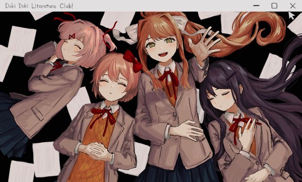Anime picture 2666x1602 with doki doki literature club monika (doki doki literature club) yuri (doki doki literature club) natsuki (doki doki literature club) sayori (doki doki literature club) renshu usodayo long hair looking at viewer blush fringe highres short hair open mouth smile brown hair wide image multiple girls green eyes payot pink hair