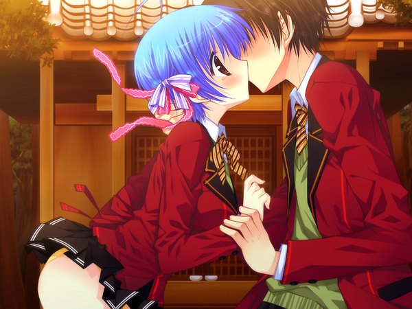 Anime picture 1024x768 with narikiri bakappuru! blush short hair light erotic black hair red eyes blue hair game cg kiss girl boy serafuku